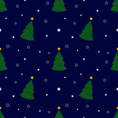 Seamless pattern with green christmas trees and stars on blue background. Abstract ,wrapping decoration. Merry Christmas holiday, Happy New Year