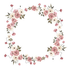 Watercolor frosty wreath with flowers, leaves and berry, isolated on white background, winter floral illustration