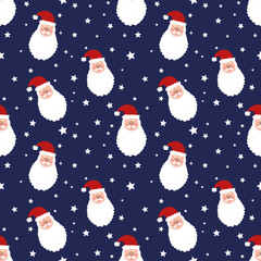 Seamless pattern with Santa Claus head and stars on blue background . Christmas background. snowy design. wrapping paper. New year wallpaper