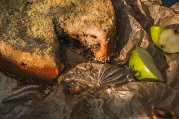 Delicious sliced apple pie with ingredients on parchment baking paper with lace shadows