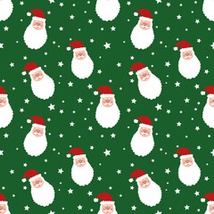 Seamless pattern with Santa Claus head and stars on green background . Christmas background. snowy design. wrapping paper. New year wallpaper