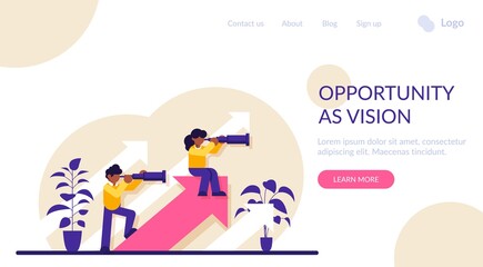 Business opportunities as vision, chances. Visionary entrepreneur anticipating new trends. Professional ambitions, company development plans, searching innovation. Modern flat illustration.