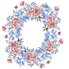 Watercolor frosty wreath with flowers, leaves and berry, isolated on white background, winter floral illustration