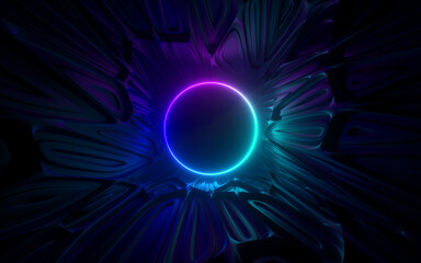 Glowing neon ring light in tunnel. 3d render. Futuristic abstract wallpaper.
