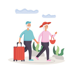 active seniors couple traveling with suitcases characters