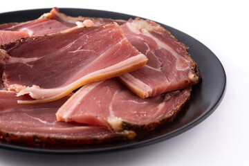 Dried and smoked meat slice isolated on white background	