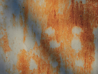 Rust.Old blue painted wall with rust spots.Textured rusty metal background. Rust stains through the cracked blue paint.