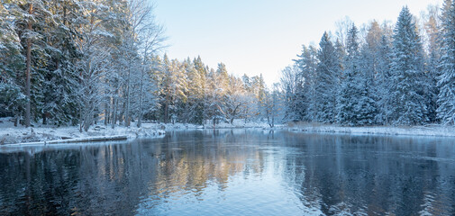 River landscape in winter . Farnebofjarden national park in north of sweden.