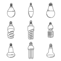 Set of simple vector images of energy-saving light bulb drawn in art line style. - 398235834