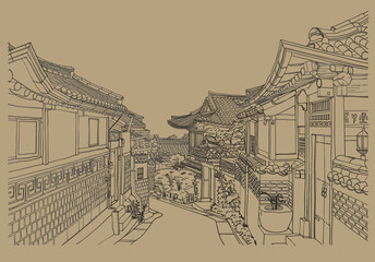 Illustration of Bukchon Hanok Village,the famous traditional Korean style architecture in Seoul South Korea on light brown background
