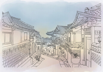 Illustration of Bukchon Hanok Village, the famous traditional Korean style architecture in Seoul South Korea on watercolor background