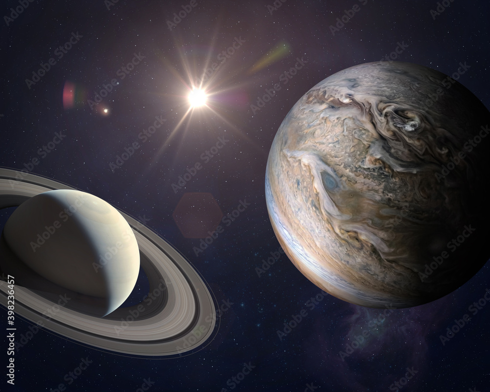 Poster great conjunction: jupiter and saturn. elements of this image furnished by nasa.