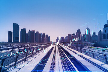The way towards skyscrapers by modern futuristic train. Tech railway delivers commuters to the...