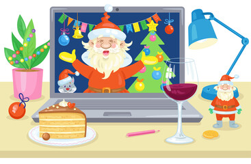 Happy New Year! Christmas party on a laptop screen. Online video chat with funny Santa. Internet communication. In cartoon style. Vector illustration.