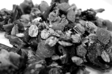Tasty granola on white with blur effect in black and white.