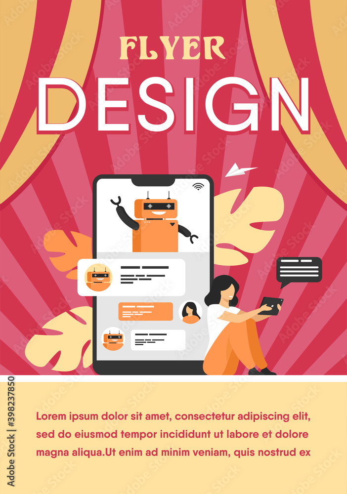 Poster tiny woman using mobile assistant with chatbot isolated flat vector illustration. modern customer su
