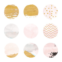 Gold and pastel watercolor circles, Instagram highlights icon, paint stain, brush splatter, dot, ink, creative, modern round shapes