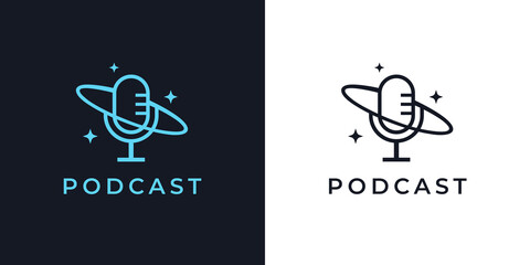 Night time podcast logo. Cosmos microphone line icon. Space mic symbol. Late night radio talk show sign. Vector illustration.