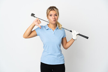 Young Russian golfer woman isolated on white background showing thumb down with negative expression