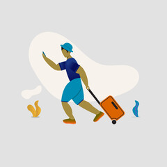 Vector illustration, a man is running with a suitcase to go on vacation, modern flat people character 