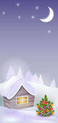 Fototapeta premium Christmas / New Year vertical banner, invitation. Decorated Christmas tree , small house, showdrifts, trees, moon and stars on blue background.