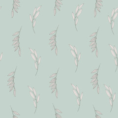 Seamless pattern with willow tree branches and leaves on light blue background for surface design and other design projects. Monochrome realistic line art © Blooming Sally