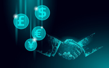 3D businessman handshake finance deal. Business agreement contract concept. Success web network low poly banner. Polygonal international internet connection vector illustration