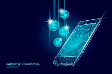3D smartphone online market finance deal. E-commerce web trade. Success web network low poly banner. Polygonal international internet connection vector illustration