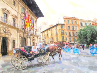Fototapeta na wymiar watercolor illustratiion of Palma de Mallorca. Spain.