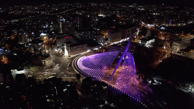 Jerusalem City at Night aerial view, Time lapse mode
Night Shot of main entrance traffic and calatrava bridge, Drone view
