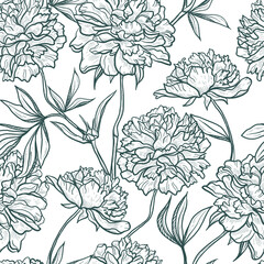 Peony Flowers Sketch. Vector Floral Seamless Pattern. Vintage Flower Background with Hand Drawn Peonies and Leaves 
