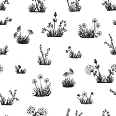 Silhouettes of Meadow Flowers and Grass. Floral Seamless Pattern. Hand Drawn Doodle Wild Flowers. Wildflowers Vector Background