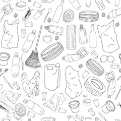 Seamless pattern with different kinds of garbage isolate on white.