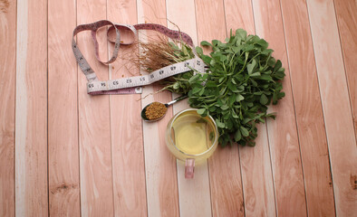 Close up of Fenugreek with its seeds and powder and the extracted water. It helps in numerous digestive problems etc.