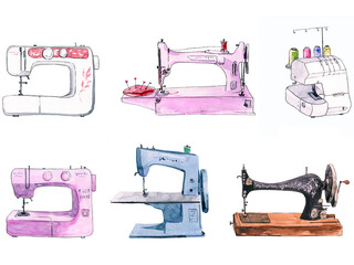 Watercolor illustration set of sewing machines