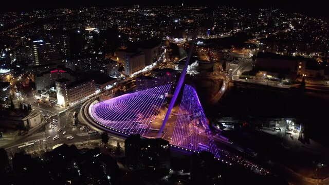 Jerusalem City at Night aerial view
Night Shot of main entrance traffic and calatrava bridge, Drone view
