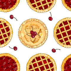 Seamless pattern with cherry pies. The theme of autumn, harvest and thanksgiving. The theme of autumn, harvest and thanksgiving.