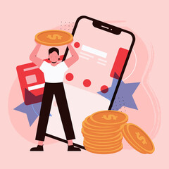 Feedback in mobile application concept vector illustration. Cartoon man customer character holding gold money coin, standing near big mobile phone screen with rating stars and credit card background