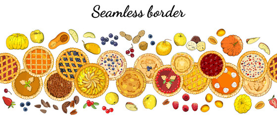 Seamless border with pies, fruits, nuts, apples, pumpkins, berries.