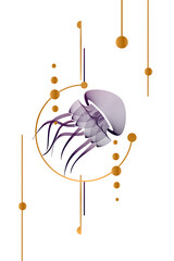 modern abstract minimalistic greeting card in the style of the 20s. image of a jellyfish in a linear style. perfect for printing banners, postcards, business card backgrounds, and tattoo prints. EPS10