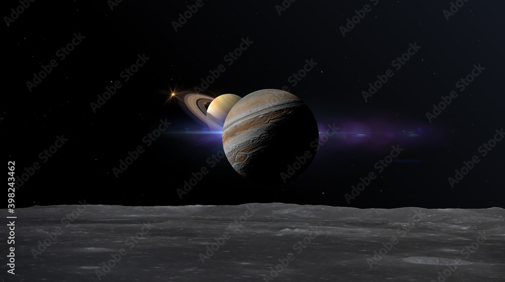 Wall mural jupiter's exceptionally close opposition ,great conjunction of jupiter and saturn 3d rendering illus