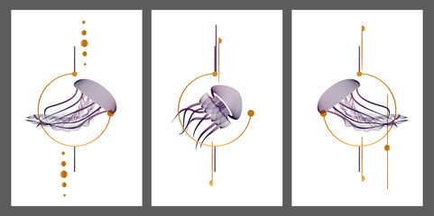 modern abstract minimalistic greeting card in the style of the 20s. image of a jellyfish in a linear style. perfect for printing banners, postcards, business card backgrounds, and tattoo prints. EPS10