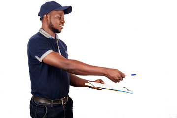 young delivery man giving a pen