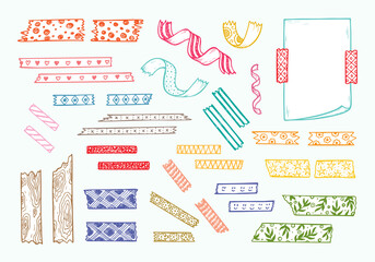 Colorful Strips of Masking Tape and Note Paper Set. Hand Drawn Doodle Sticky tape with Paper. Scotch patterned Adhesive tape collection. Vector illustration
