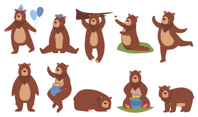 Cute brown bear vector illustration set. Cartoon funny fluffy teddy bear characters in different poses collection with furry animal sitting and sleeping, dancing and eating honey isolated on white