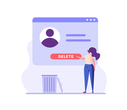 Woman standing with account or profile and trash can. User deleting social account to waste bin. Concept of delete profile, account deactivation, remove data files or page. Flat vector illustration