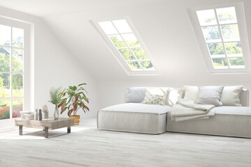 White living room with sofa and summer landscape in window. Scandinavian interior design. 3D illustration