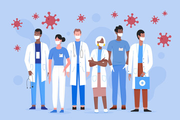 Doctor people medic team in medical masks vector illustration. Cartoon support medical staffs with man woman characters, frontline medicine professional hospital workers standing together background