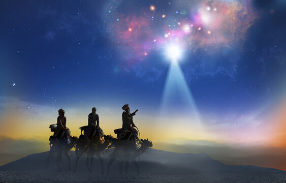 Christian Christmas scene with the three wise men and shining star, 3d render 