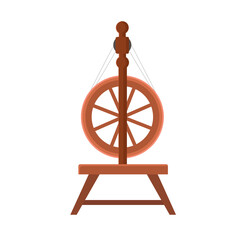 Traditional old  wooden cartoon distaff, spindle, spinning wheel.   Cartoon flat vector illustration isolated on white background.